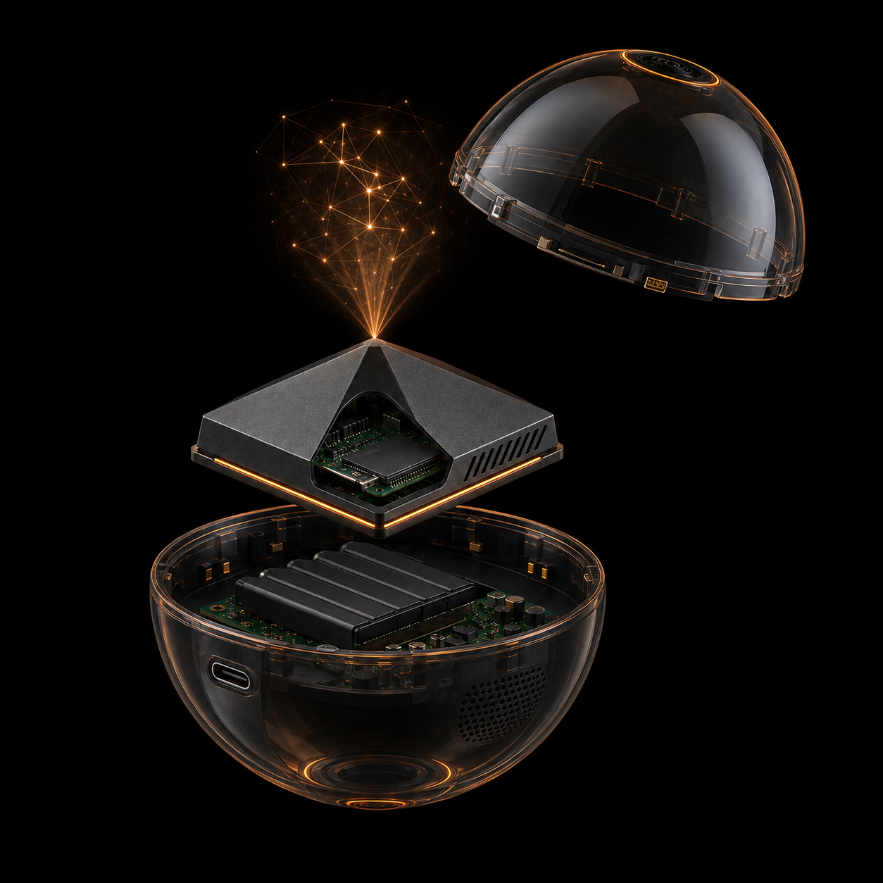 iCore Prime exploded concept with battery-powered lower shell, compute and storage pyramid, speaker, cover and proposed holographic output